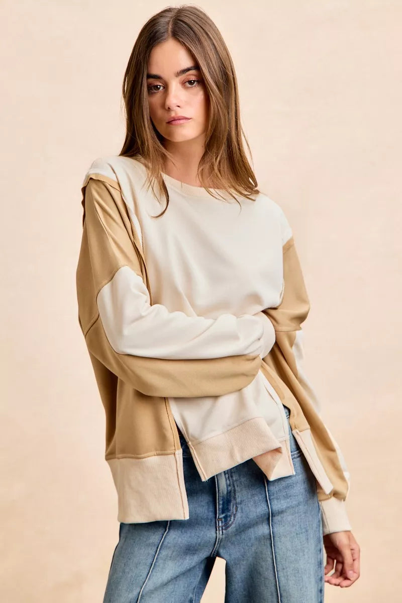 BiBi French Terry Color Block Top With Open Seam Detail