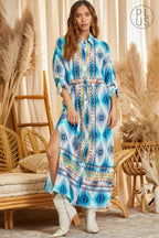 Blue Caracao Aztec Button Down Dress Duster Plus Size 2xl or 3XL Baha Ranch Western Wear