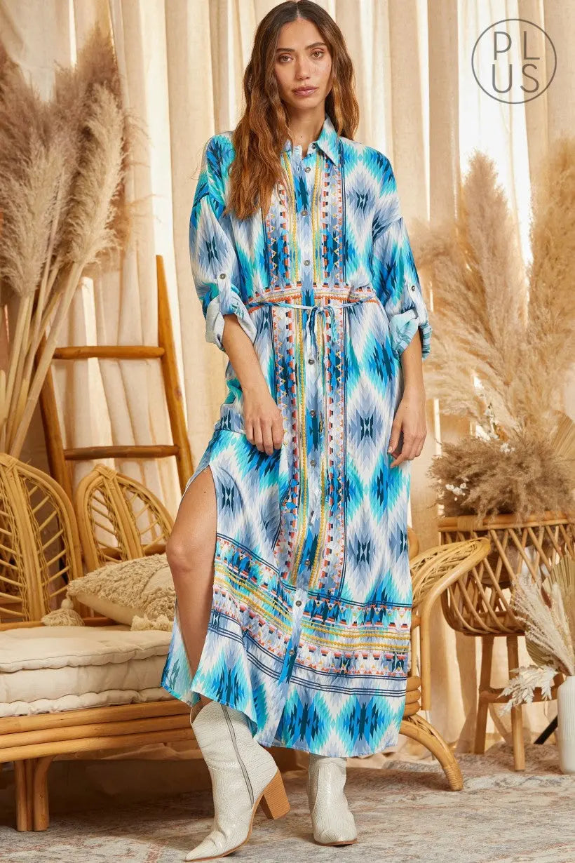 Blue Caracao Aztec Button Down Dress Duster Plus Size 2xl or 3XL Baha Ranch Western Wear