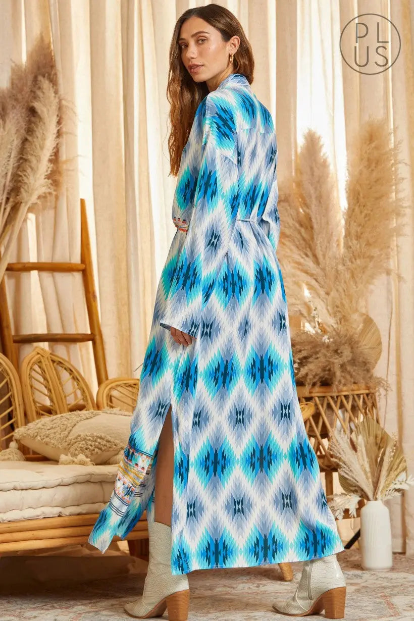 Blue Caracao Aztec Button Down Dress Duster Plus Size 2xl or 3XL Baha Ranch Western Wear