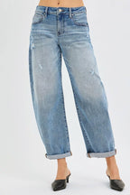 RISEN Full Size Slouchy Ankle Length Barrel Jeans with Cuffs Plus Size
