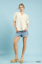 Umgee Textured Blouse with Lace Contrast Sleeves