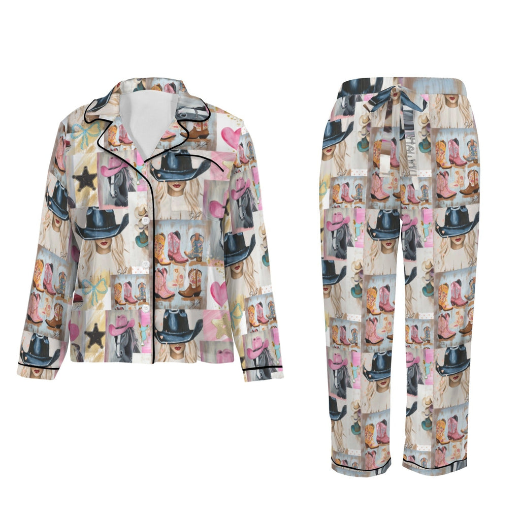 Baha Ranch Danilo Painted Cowgirl Western Satin Long Pajama Set Baha Ranch Western Wear