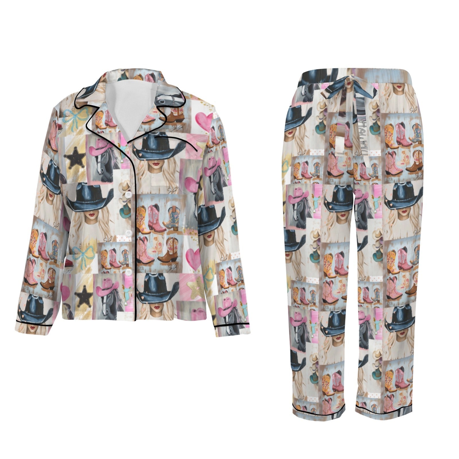 Baha Ranch Danilo Painted Cowgirl Western Satin Long Pajama Set Baha Ranch Western Wear
