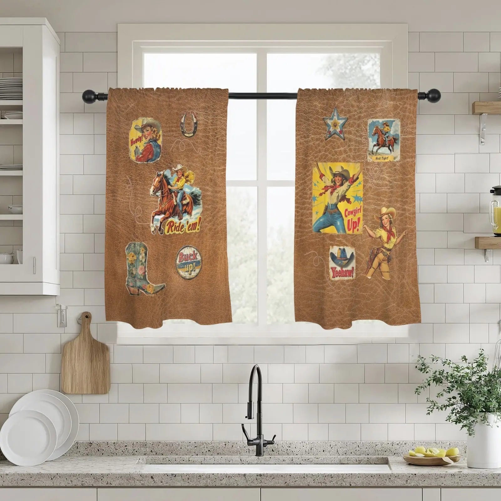 Vintage Cowgirl Window Curtains 28"x40" (2-Piece) Made in America Baha Ranch Western Wear