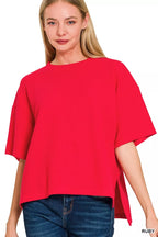 Zenana Full Size Double Knit Side Slits Hi Low Short Sleeve Top Plus Size