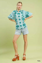 Umgee Floral Smocked Notched Puff Sleeve Blouse