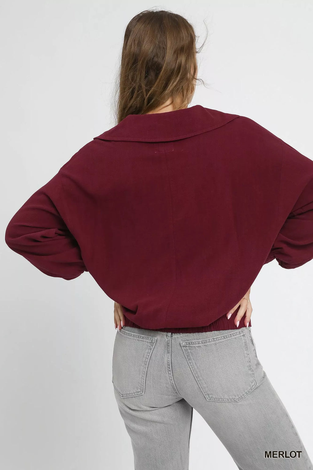 Umgee Linen Long Sleeves Elastic Hem Blouse