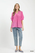 Umgee Textured Lace Trim V-Neck Boho Blouse