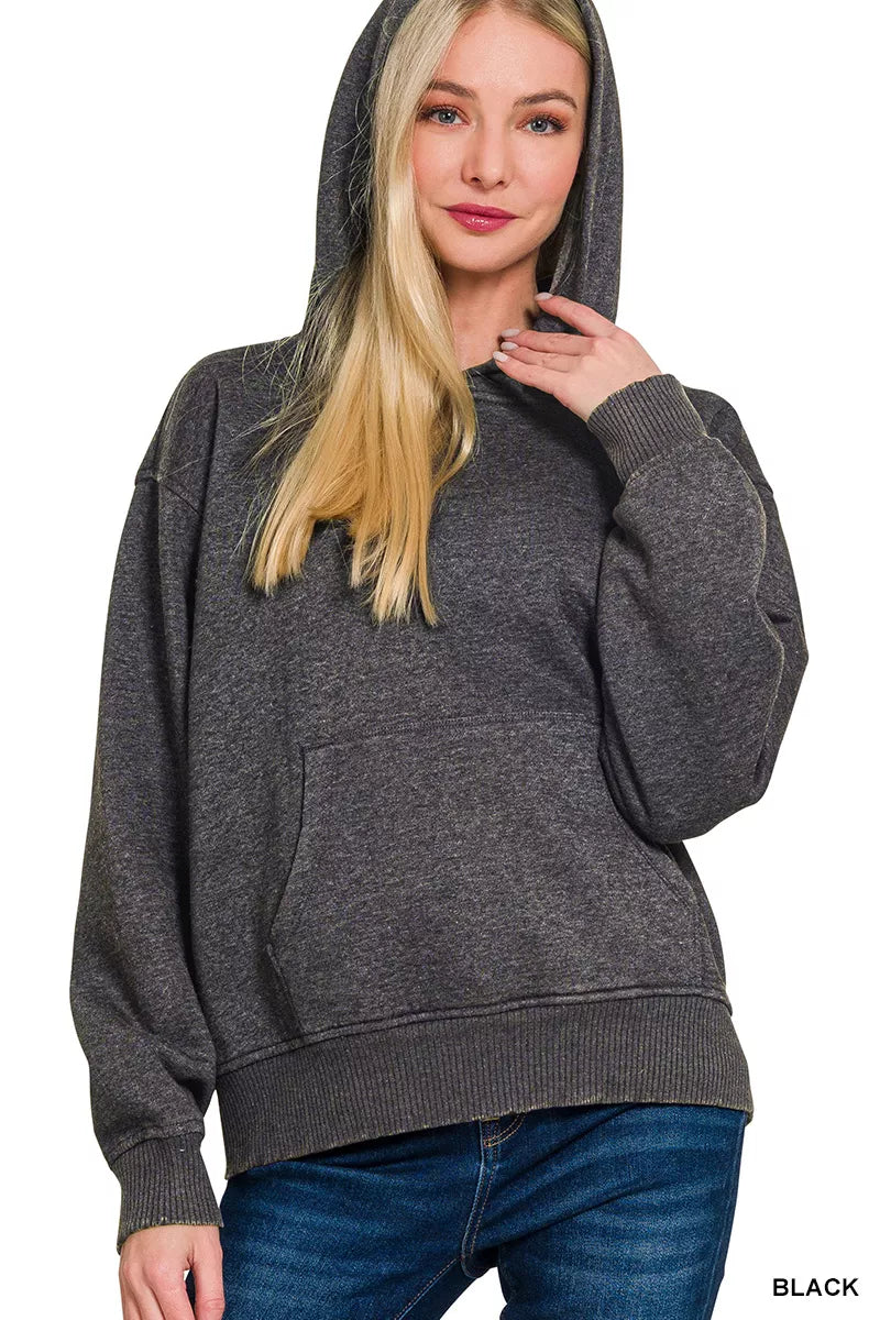 Zenana Fleece Acid Wash Kangaroo Pocket Hoodie