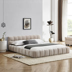 Modern Queen Size Upholstered Bed Frame with Headboard, Thick Chenille Fabric, Beige
