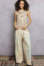 POL Halter Neck Sleeveless Crochet Top with Seashell & Mirror Dangle Trim