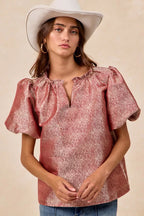 BiBi Jacquard Woven Short Balloon Sleeves V Neck Top