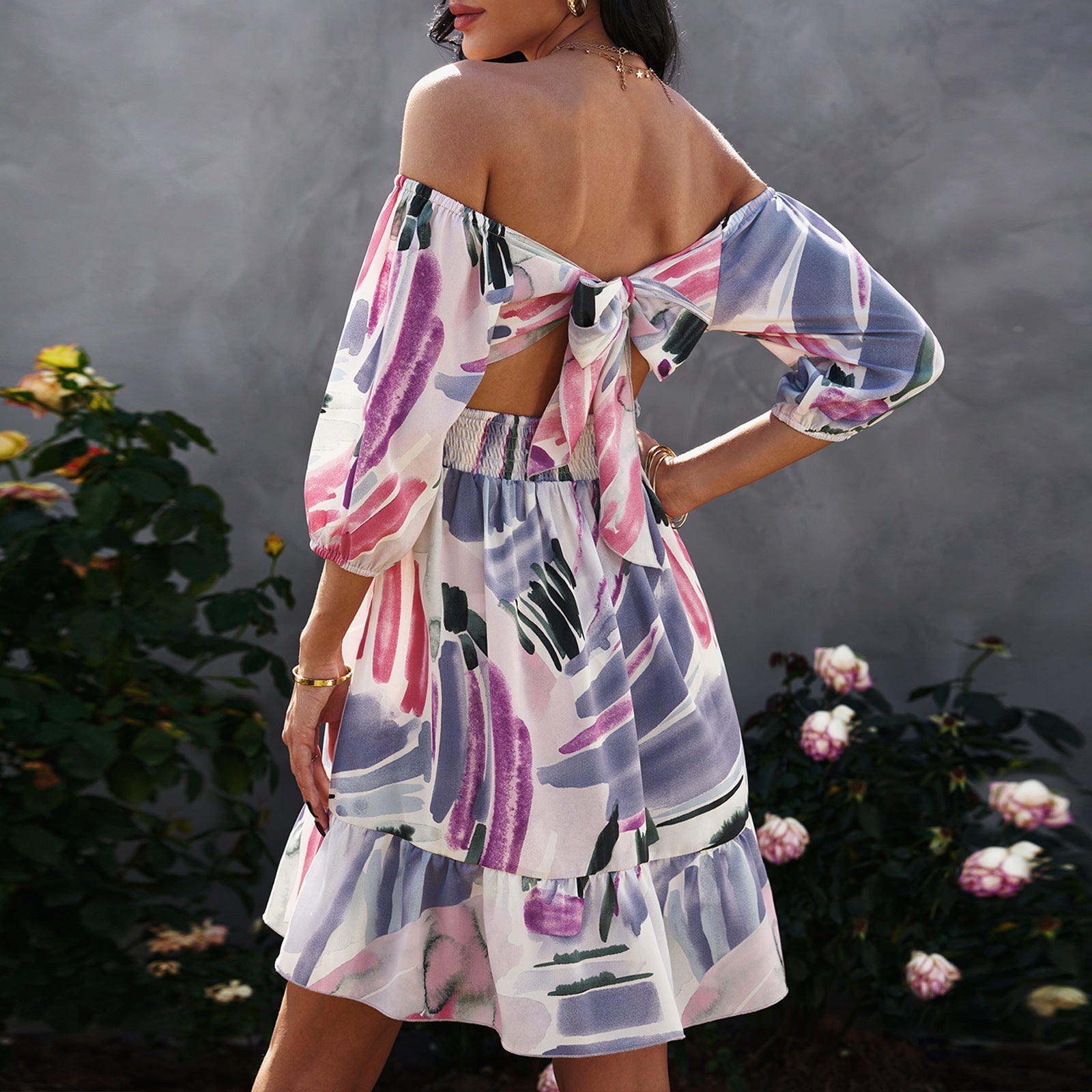Women's Bow Open Back Print Wrap Dress
