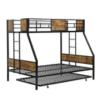 Modern Twin Over Full Metal Bunk Bed with Trundle and Dual Side Ladder, Black & Brown MDF and Metal Design, Easy Assembly