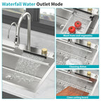 33*22 inch Brushed Nickel 33' Waterfall Kitchen Sink with Pull-Out Faucet & Cup Washer, Stainless Steel Ledge Workstation