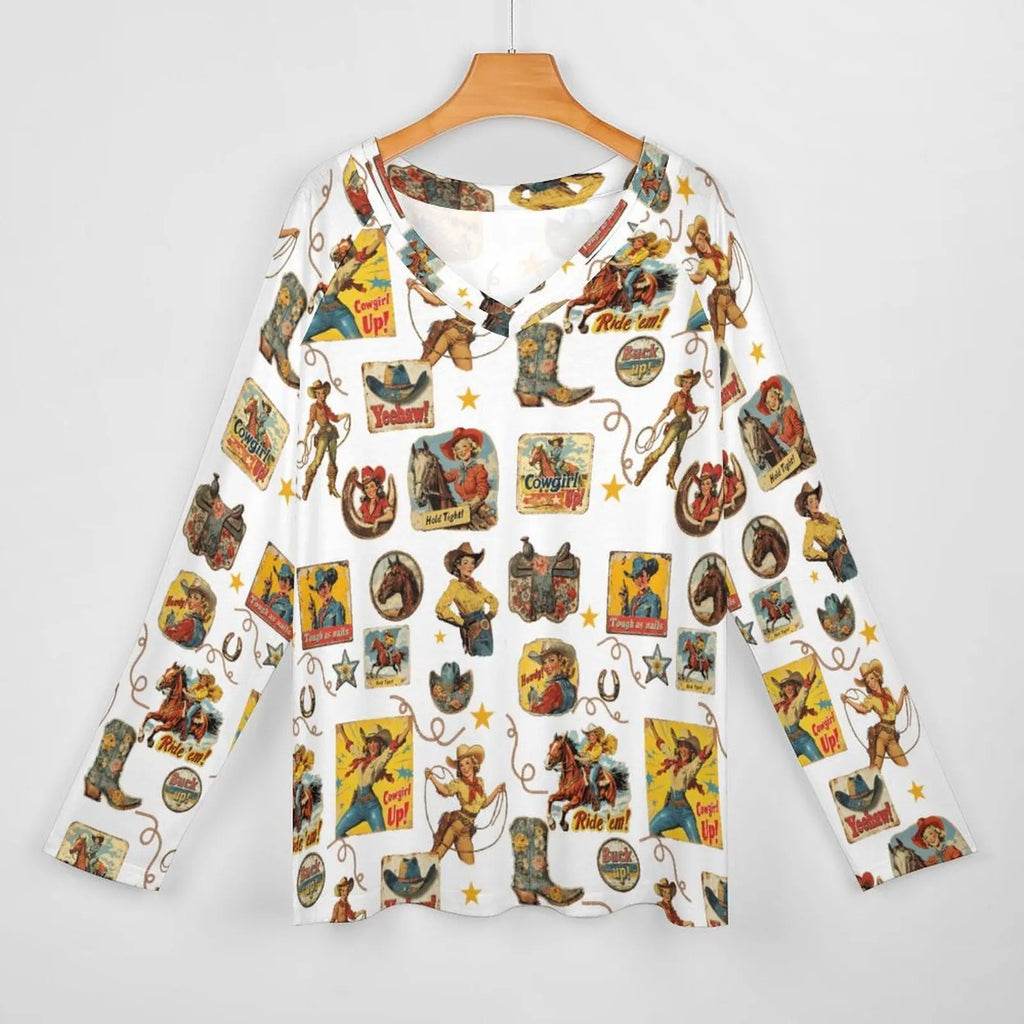 Baha Ranch Vintage Cowgirl Collage Western Print Long Sleeve Top Baha Ranch Western Wear