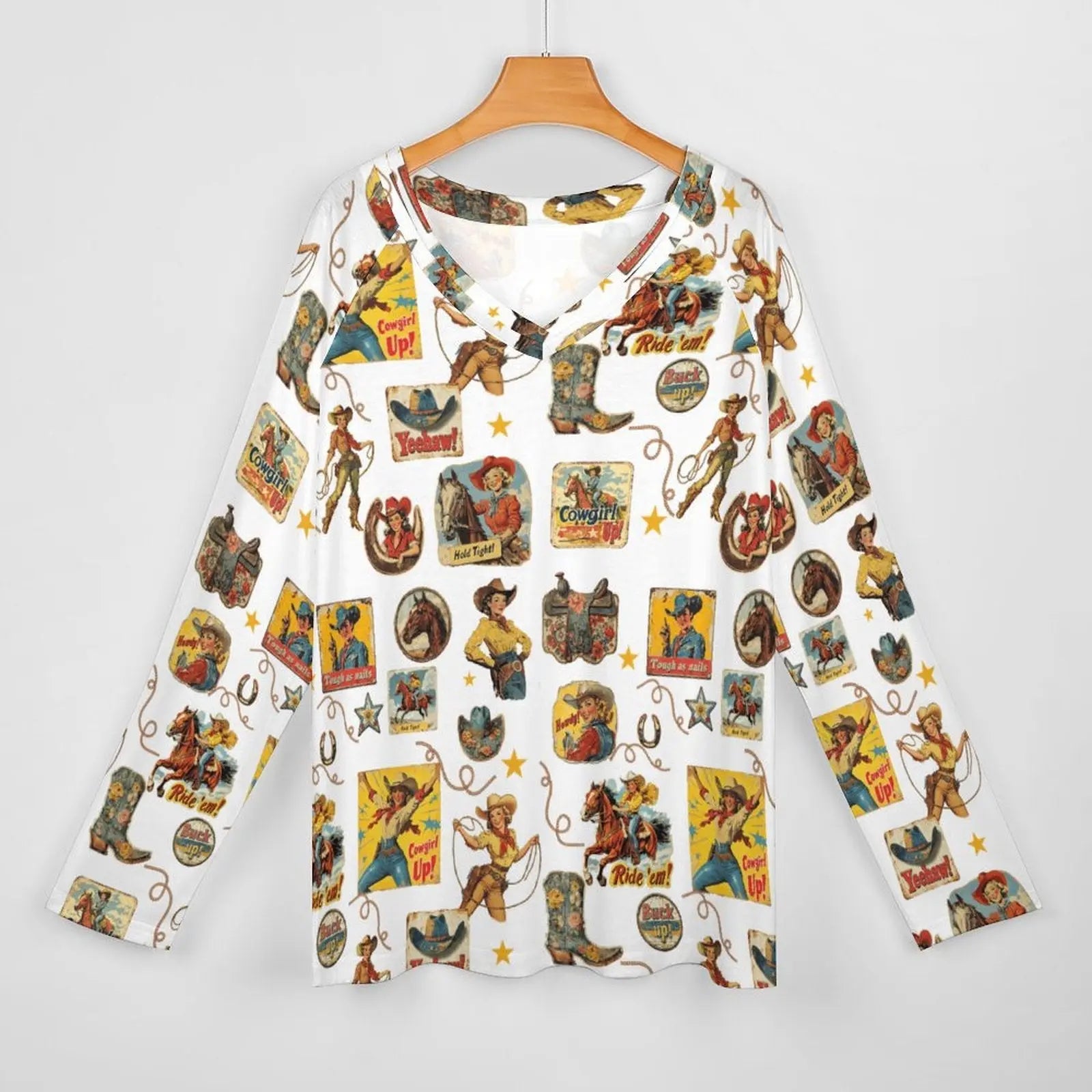 Baha Ranch Vintage Cowgirl Collage Western Print Long Sleeve Top Baha Ranch Western Wear