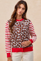 BiBi Leopard With Stripe Combo Buttoned Cardigan