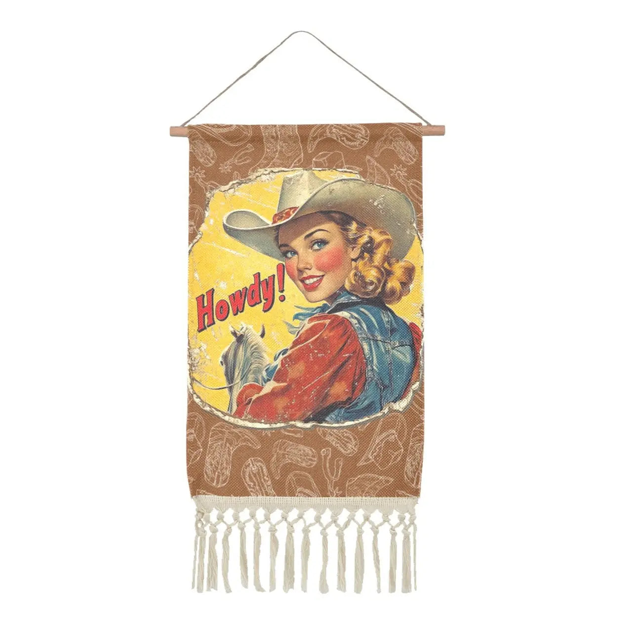 Howdy Vintage Cowgirl Western Wall Decor Linen Hanging Poster with Fringe Made in America Baha Ranch Western Wear