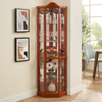 Glass Cabinet Lighted Corner Cabinet Corner Display Curio Cabinet, Glass Display With Light(Included)Bar Cabinet,Wine Cabinet with Adjustable Glass Shelves Carved Decoration OAK Light(Included)