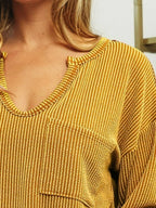 BiBi Wavy Two Tone Rib Notch Neck Patch Pocket Top