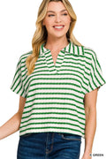 Zenana Striped Split Neck Collared Top