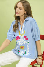 Umgee Mixed Media V-Neck Print Blouse