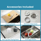 Stainless Steel Kitchen Sink, 33″x22″ Single Bowl, Overmount Handmade Sink in Brushed, with Cutting Board, Colander, SS-BR01D-332208
