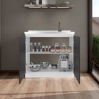 Napoles Utility Sink with Faucet Inclued and Integrated Stainless Steel Counter top, Freestanding cabinet with two doors, Metal Handles and Two interior shelves, Black & White Print
