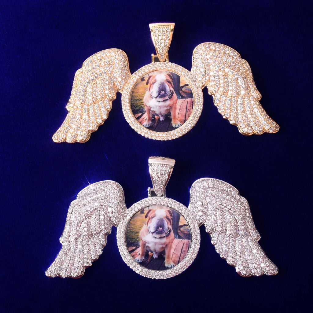 Large Winged Round Photo Copper Hip Hop Photo Frame Pendant Necklace