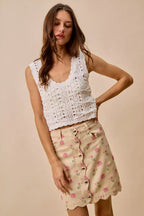 SO ME Floral Rose Print Cotton Twill Scallop Mini Skirt