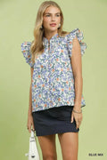 Umgee Floral Print Ruffle Cap Sleeve Shirt