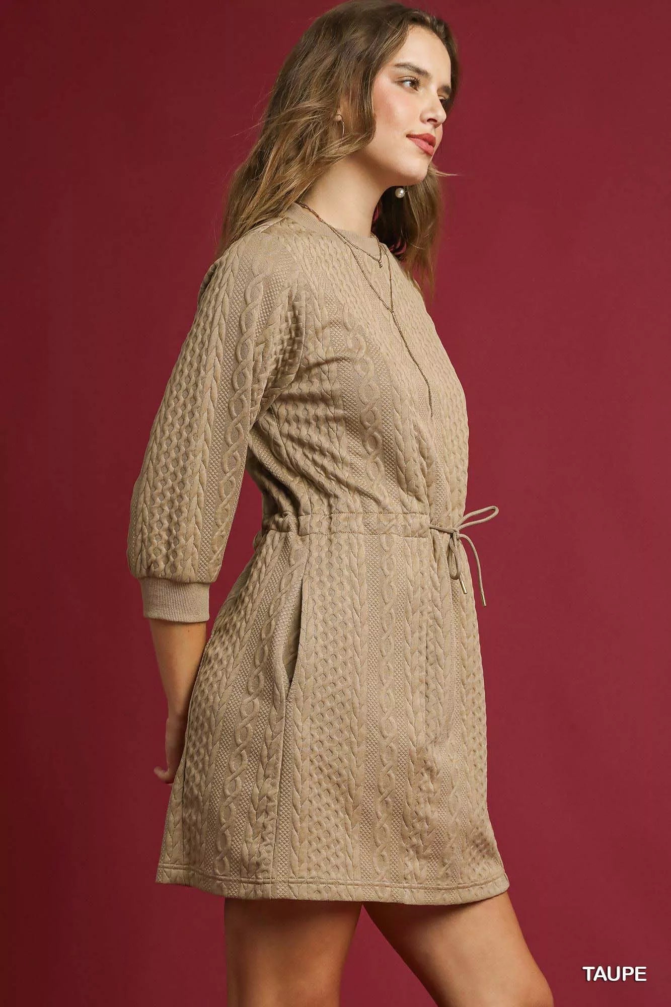 Umgee Drawstring Cable Knit Mini Dress with Pockets