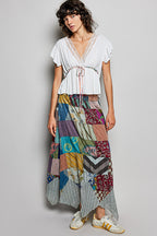 POL Tied Ruffled V-Neck Short Sleeve Blouse with Lace Detail