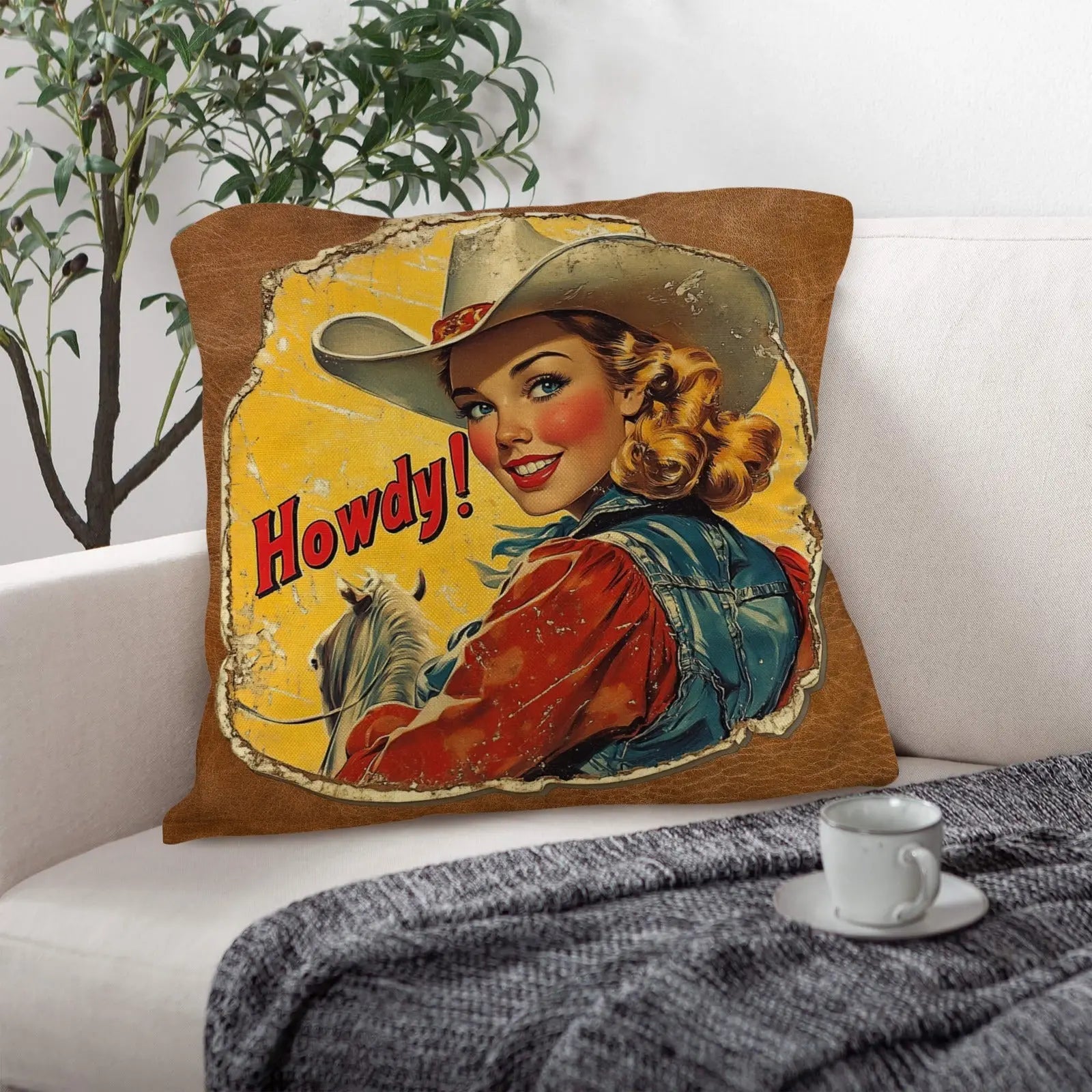 Vintage Cowgirl Howdy Throw Pillow 18 x 18 Made in America Baha Ranch Western Wear
