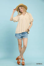 Umgee Linen V-Neck Flutter Sleeve Top