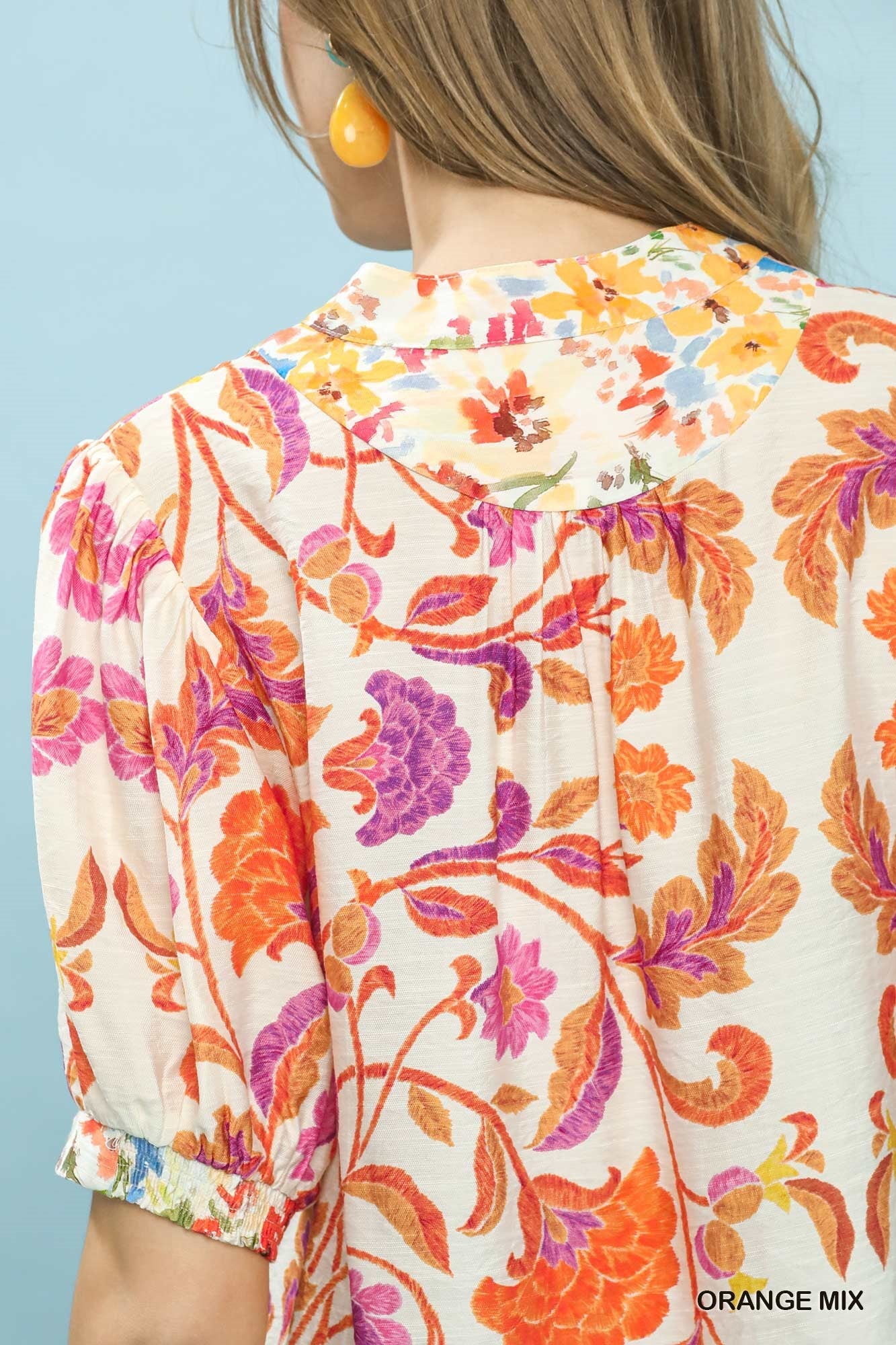 Umgee Mix Floral Split-Neck Short Sleeve Top