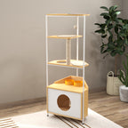 Modern Corner Cat Tower with Scratching Post, Cat Condo and Feeding Station, White and Light Oak Particle Board, 58.27-inch Height