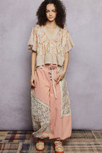 POL Floral Print V-Neck Woven Blouse with Gentle Gathers
