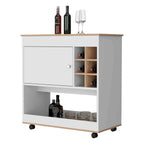 Texas Bar Cart, One Cabinet, Six Bottle Cubbies, One Lower Panel, Four Casters