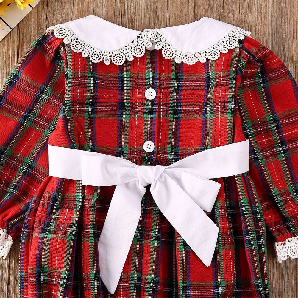 Round Neck Lace Long Sleeve Western Style Plaid Dress