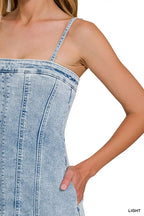 Zenana Spaghetti Strap Exposed Seam Light-Wash Dress
