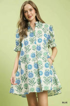 Umgee Floral Puff Sleeve Babydoll Dress with Side Pockets
