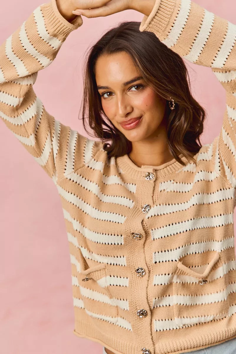 SO ME Stripe Long Sleeves Button Sweater Cardigan