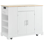 K&K Fluted Kitchen Island with Trash Can Storage Cabinet, Power Outlet, Internal Storage Rack, Rolling Kitchen Islands on 5 Wheels with 3 Drawer, 3 Open Side Racks for 10 Gallon Garbage Bin, White
