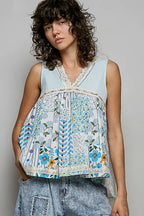 POL Floral V-Neck Sheer Tank with Lace Trim
