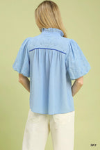 Umgee Puff Sleeve Eyelet Mix Top with Contrast Piping