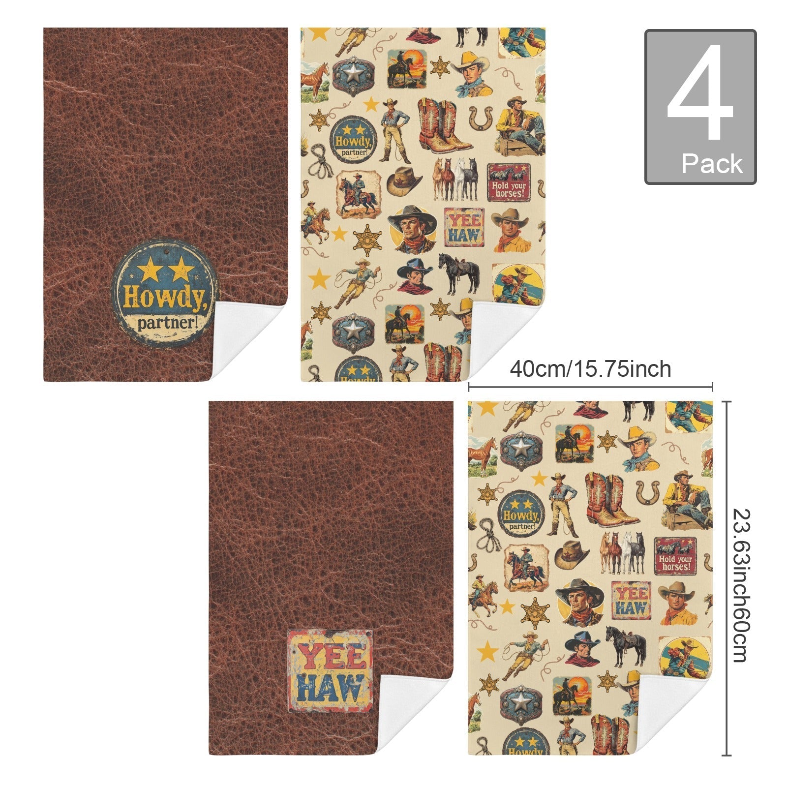 Vintage Cowboy Set of 4 Kitchen Dish Towels Made in America Baha Ranch Western Wear