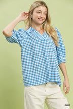 Umgee Gingham Puff Sleeve Collared Blouse